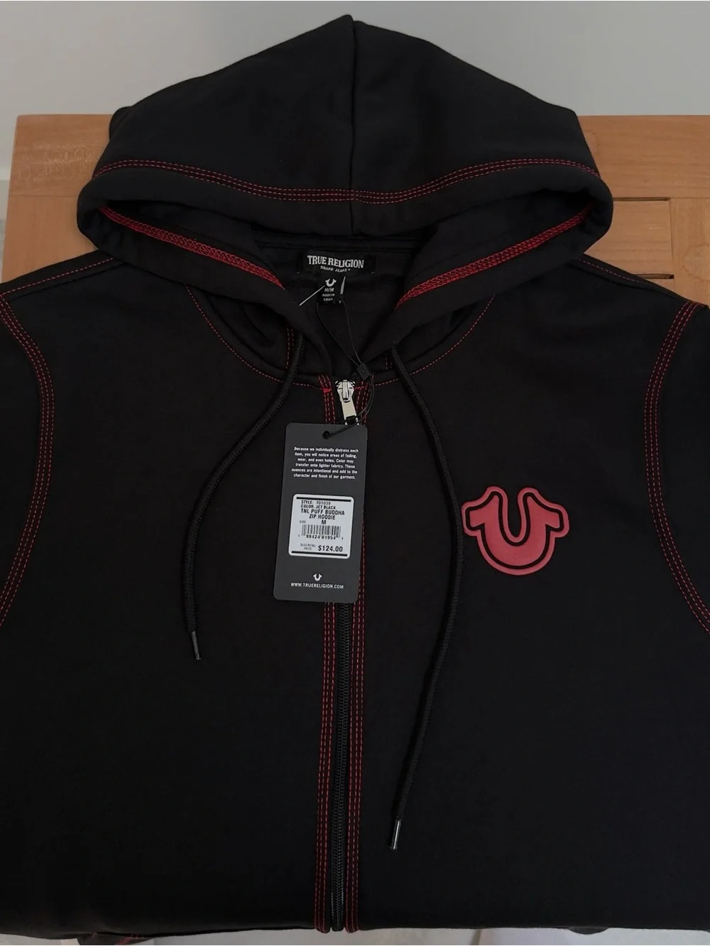 True Religion Black Zip Hoodie with Red Contrast Stitching